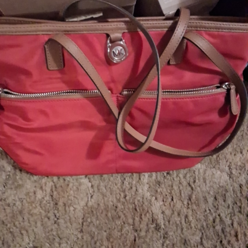 Michael Kors Cherry Red Tote with Tan Straps